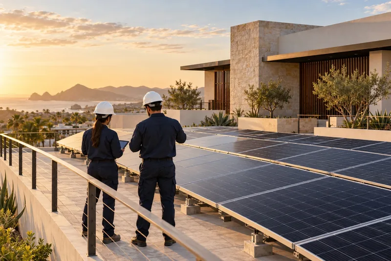 Imagen conceptual de profesionales revisando una instalación solar