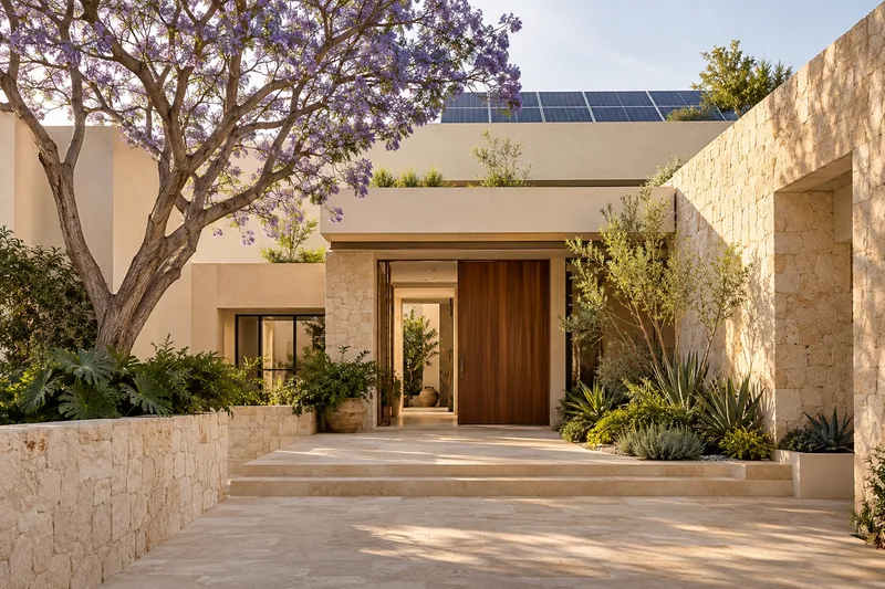 Imagen conceptual de la entrada de una vivienda contemporánea con energía solar