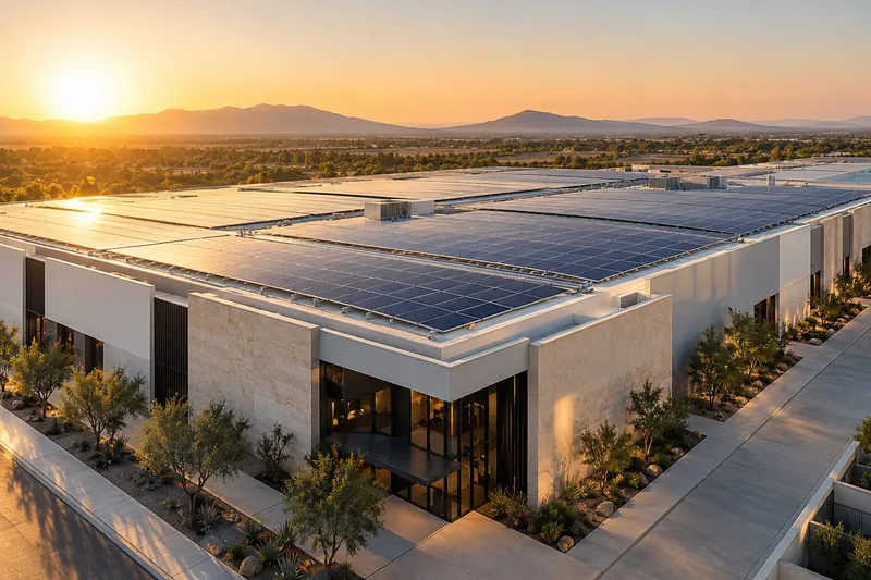 Imagen conceptual de un edificio industrial con energía solar