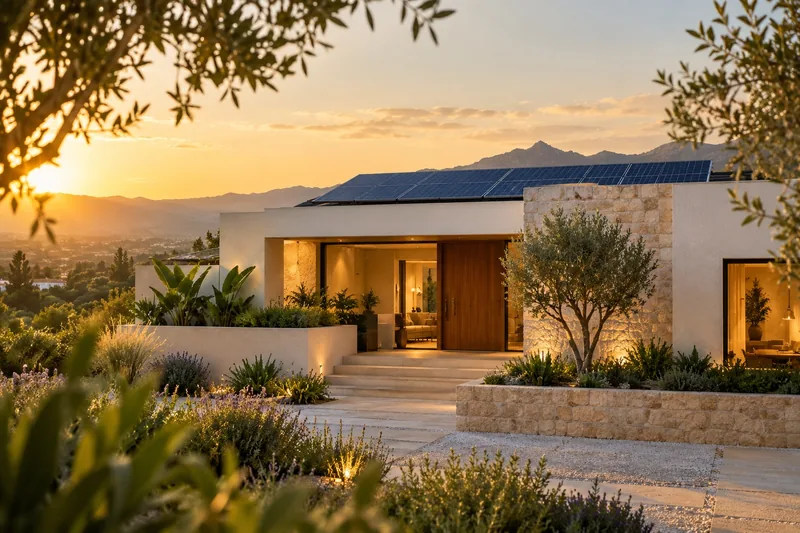 Imagen conceptual de una vivienda con energía solar al atardecer