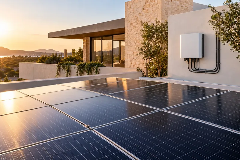 Imagen conceptual de paneles solares y un inversor en una vivienda