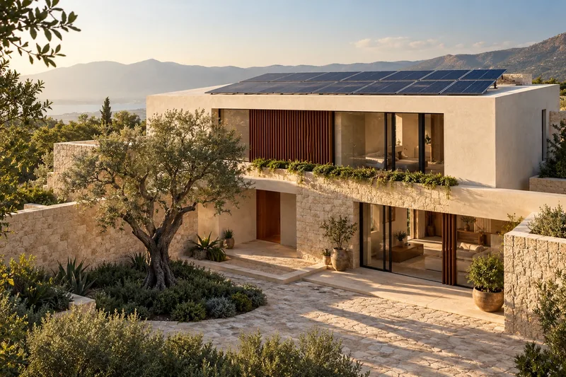 Imagen conceptual de una vivienda contemporánea con paneles solares